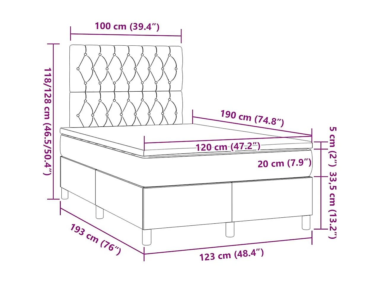 Sommier à lattes de lit et matelas bleu foncé 120x190cm velours