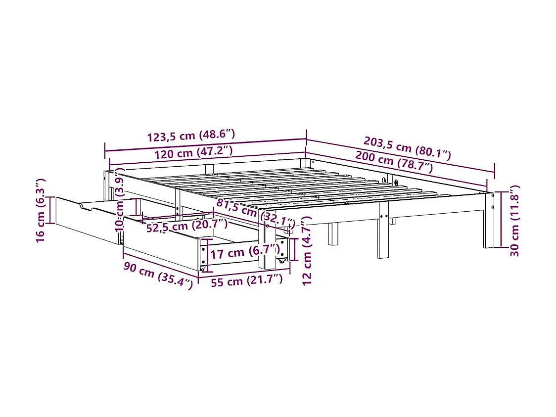 Estructura cama con cajones madera pino marrón cera 120x200 cm