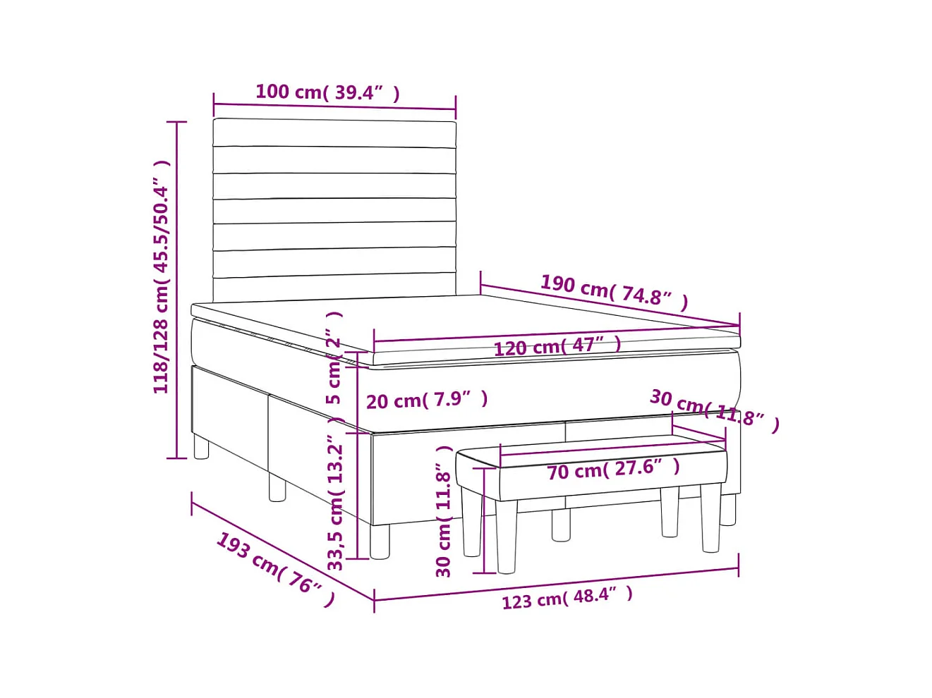 Sommier à lattes de lit et matelas marron foncé 120x190cm tissu