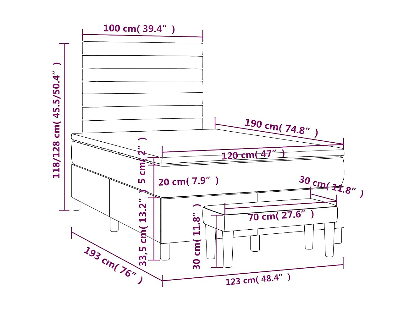Sommier à lattes de lit et matelas marron foncé 120x190cm tissu
