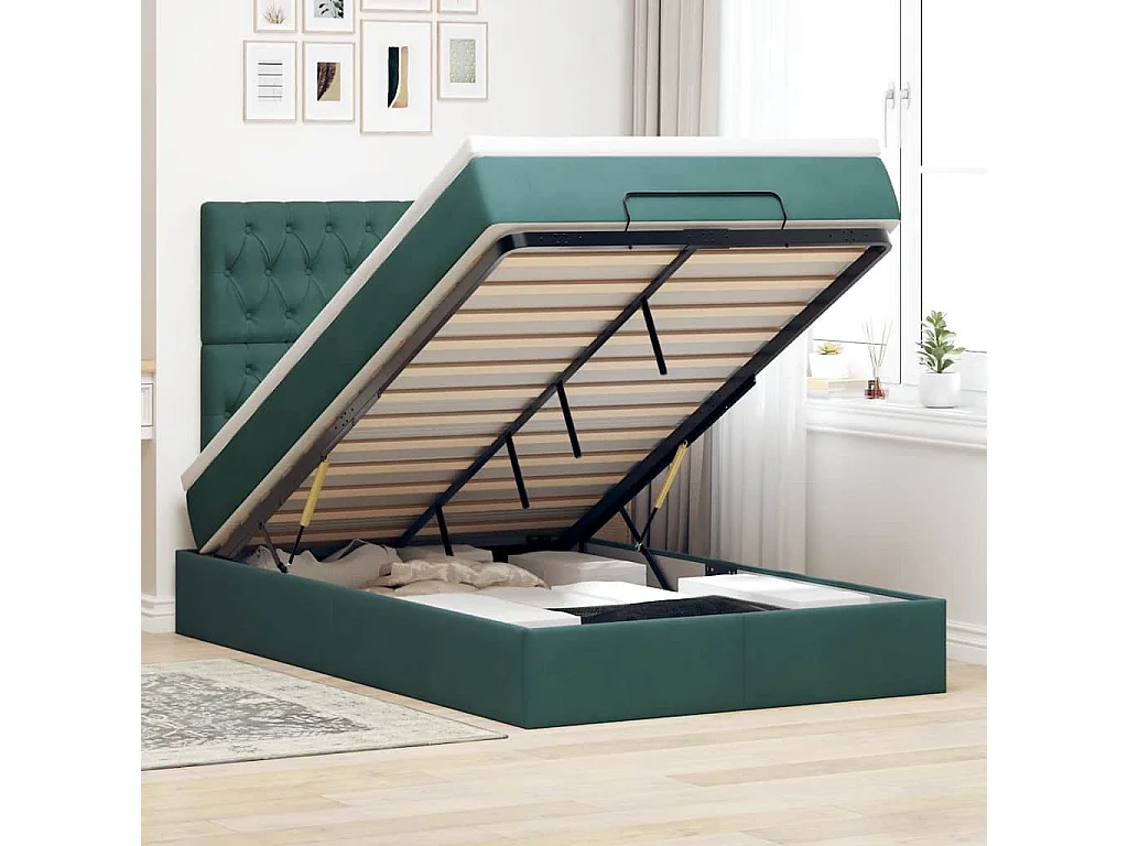 Ottoman-Bett mit Matratzen & LEDs Dunkelgrün 120x200 cm Samt