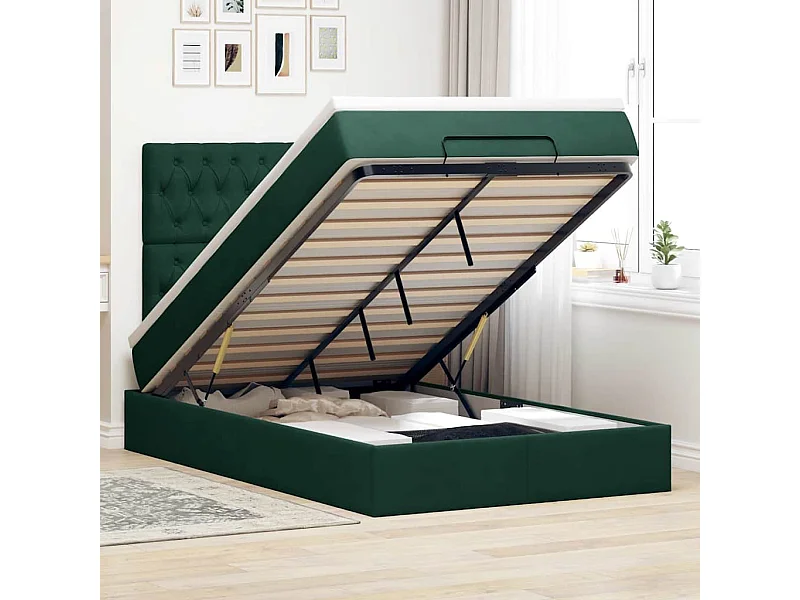 Cadre de lit ottoman avec matelas vert foncé 120x200 cm velours