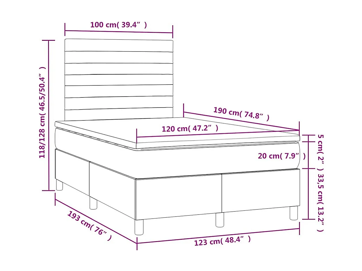 Sommier à lattes de lit matelas et LED bleu 120x190 cm tissu