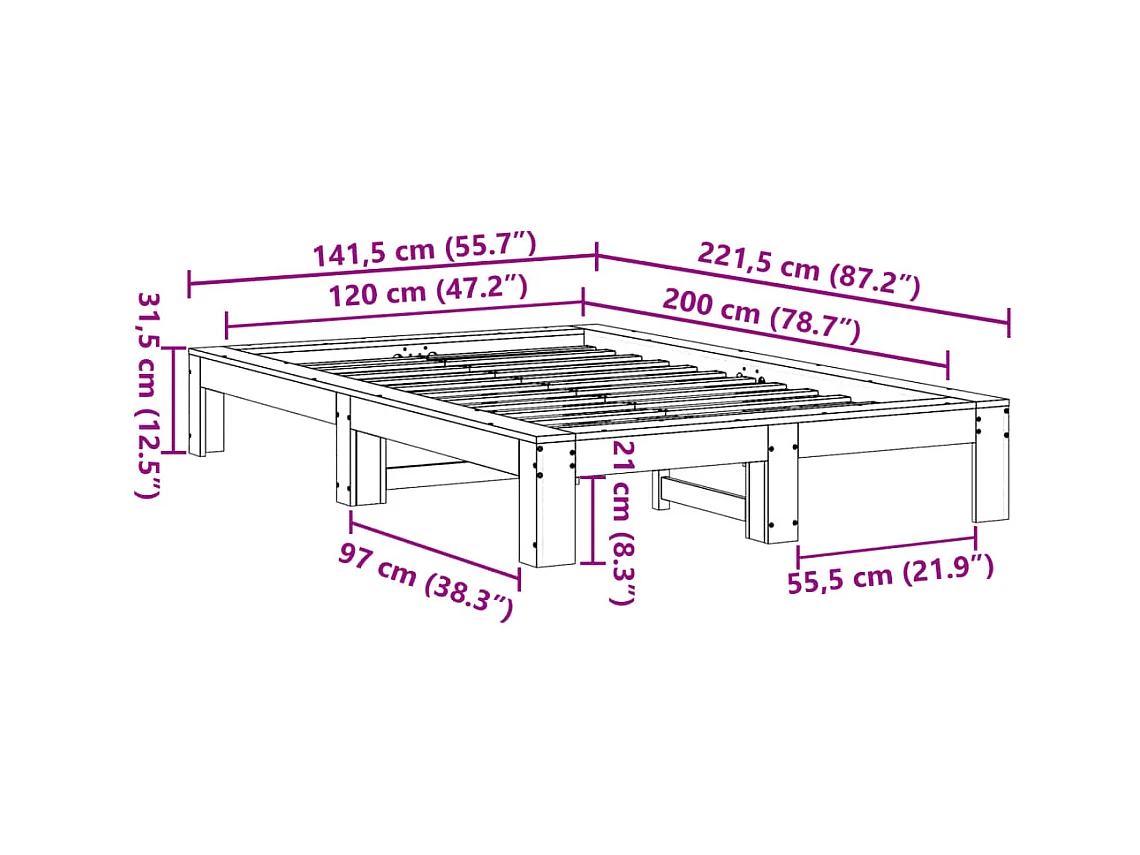 Letto senza Materasso Bianco 120x200 cm Legno Massello di Pino