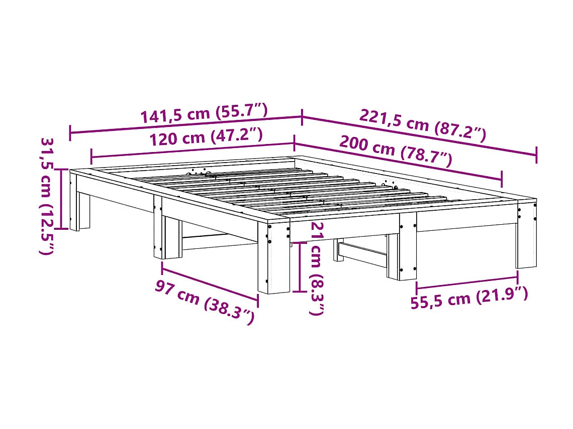 Bedframe zonder matras massief grenenhout wit 120x200 cm