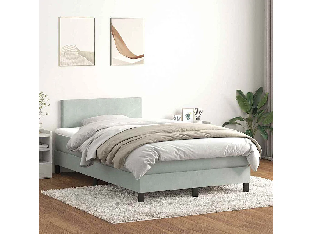 Cama box spring con colchón y LED terciopelo gris claro 120x210 cm