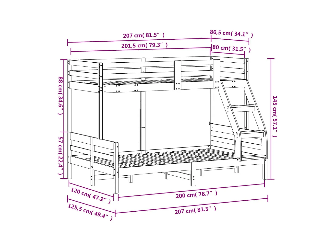 Etagenbett 80x200/120x200 cm Wachsbraun Massivholz Kiefer