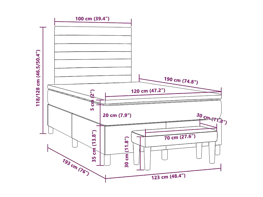 Cama boxspring com colchão 120x190 cm tecido azul