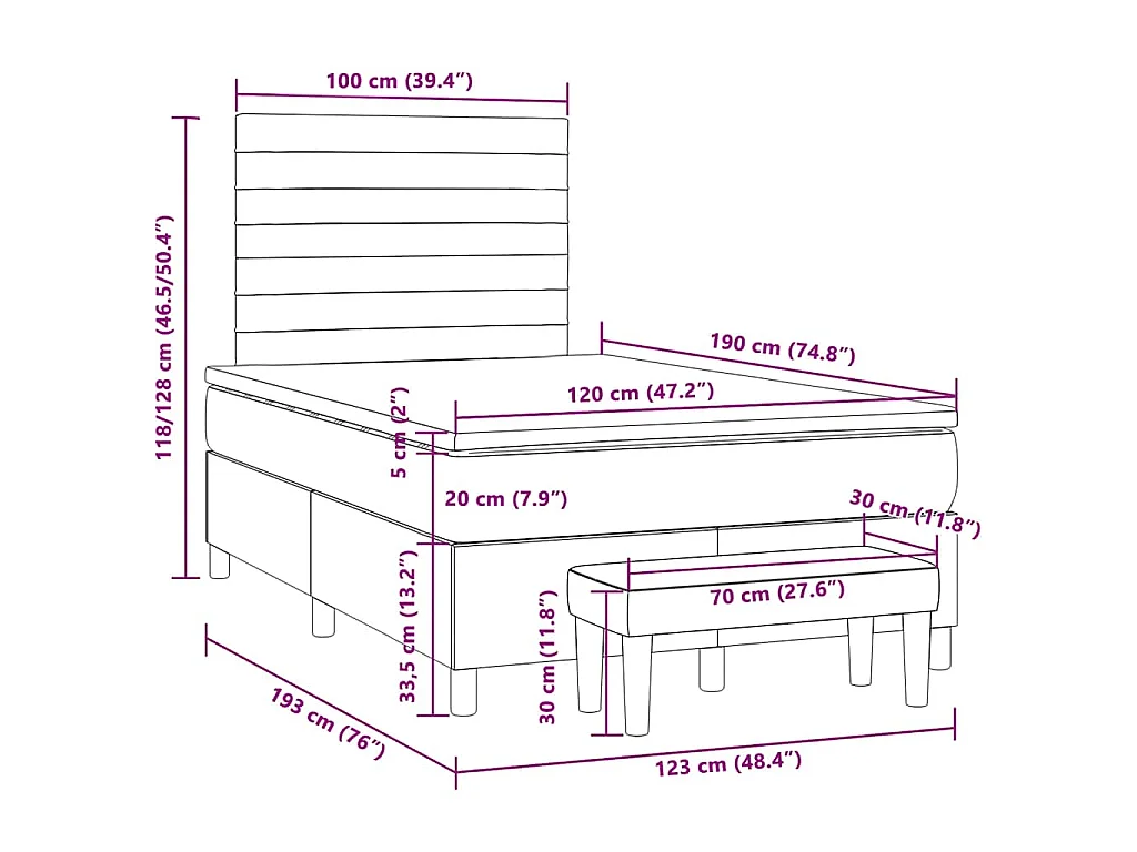 Cama boxspring com colchão 120x190 cm tecido azul