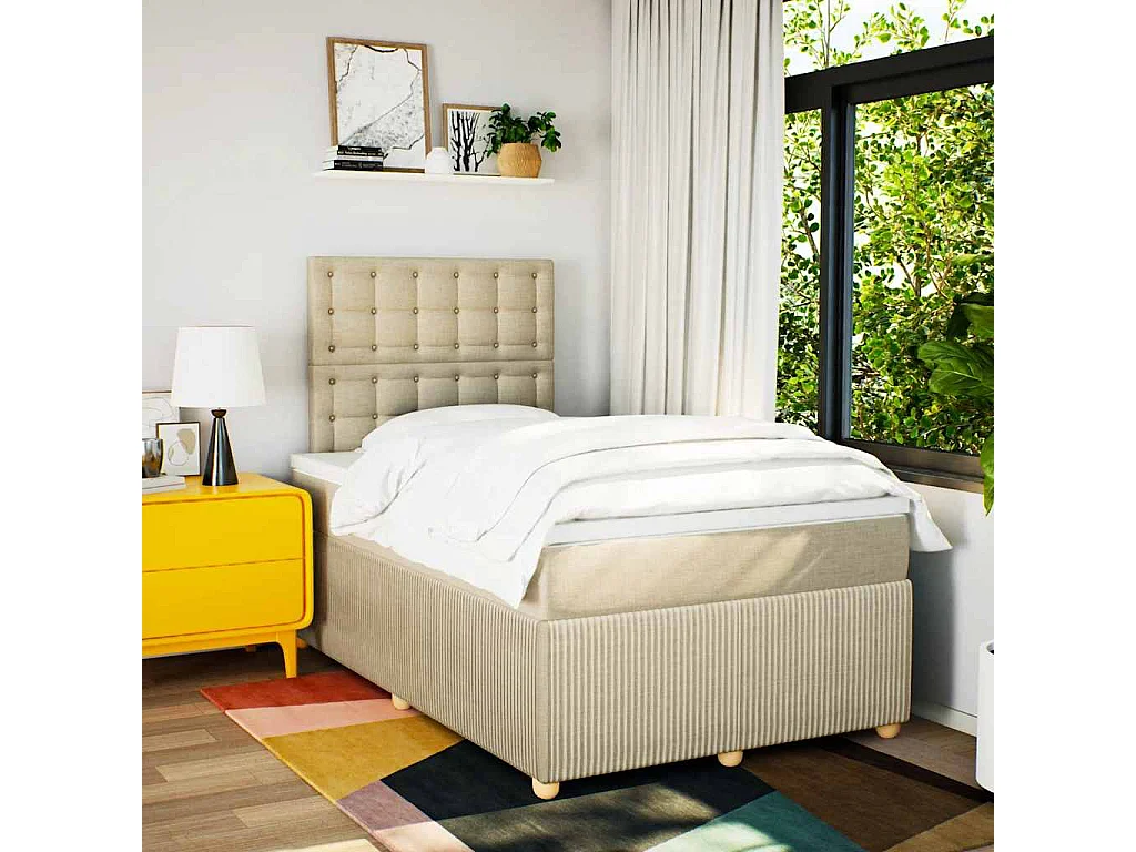 Cama box spring con colchón tela color crema 120x190 cm