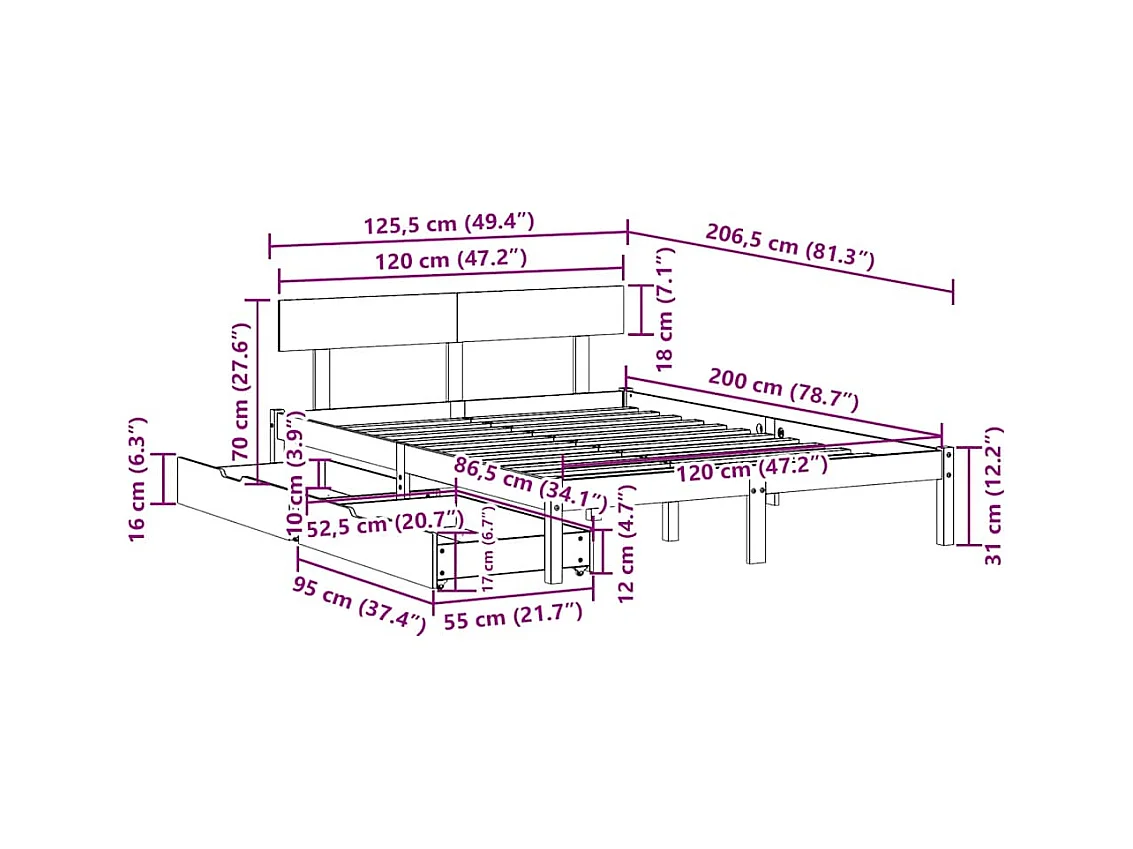 Cadre de lit sans matelas blanc 120x200 cm bois de pin massif