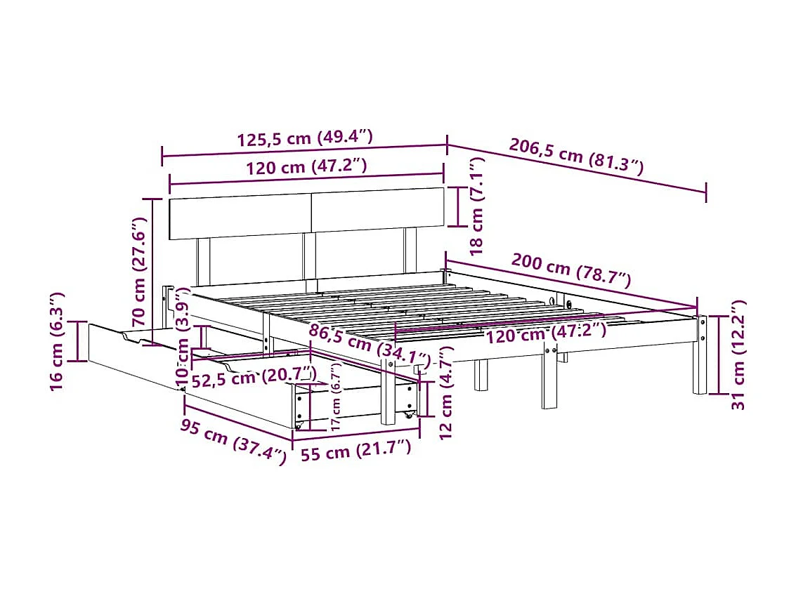 Estructura de cama sin colchón madera de pino blanca 120x200 cm