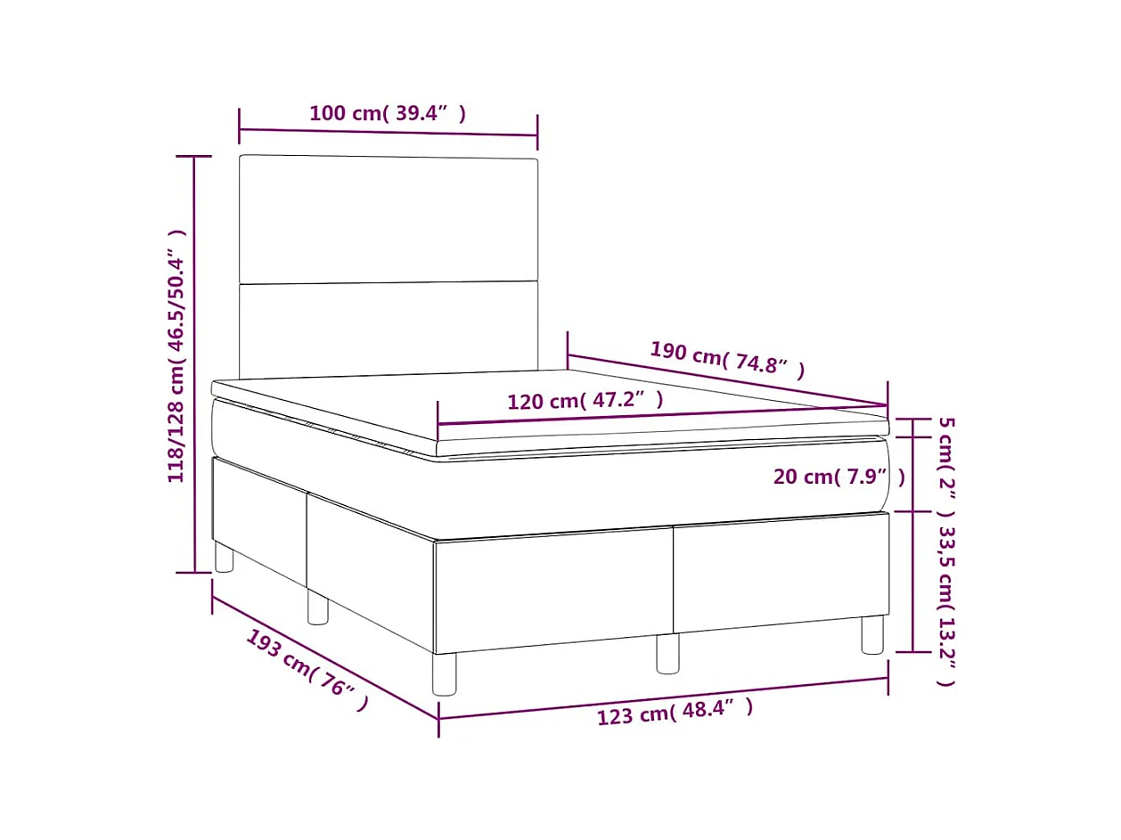 Sommier à lattes de lit matelas et LED bleu 120x190 cm tissu