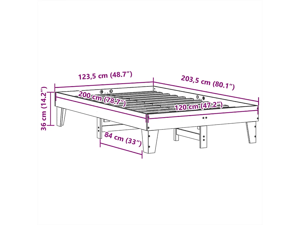 Cama sin colchón madera maciza de pino marrón cera 120x200 cm