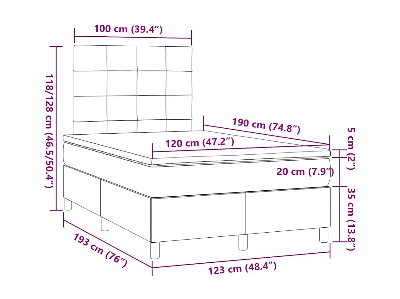 Sommier à lattes de lit matelas et LED taupe 120x190 cm tissu