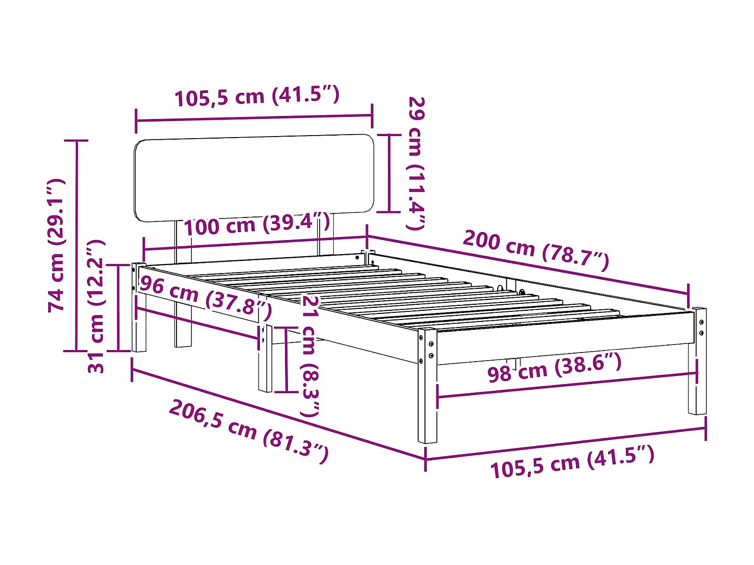 Bettrahmen Wachsbraun 100 x 200 cm Massives Kiefernholz