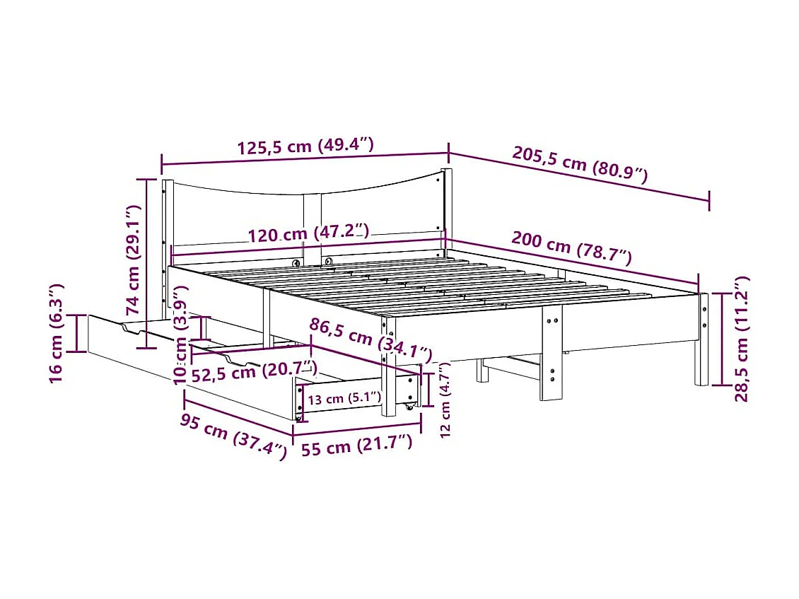 Cadre de lit avec tiroirs blanc 120x200 cm bois de pin massif