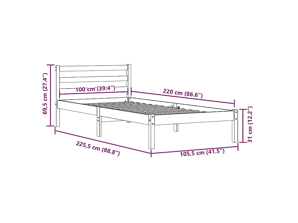 Cadre de lit Blanc 225,5 x 105,5 x 69,5 cm Bois de Pin Massif