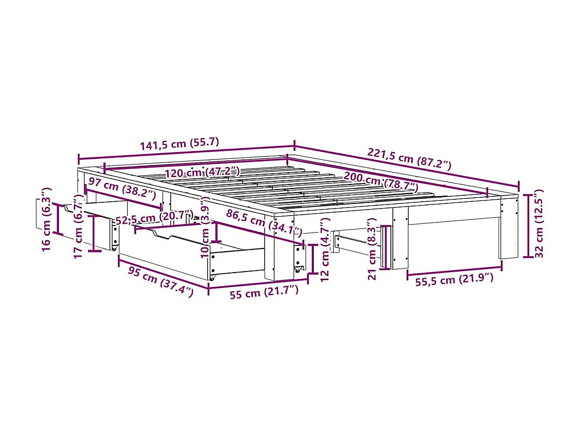 Bedframe zonder matras massief grenenhout wit 120x200 cm