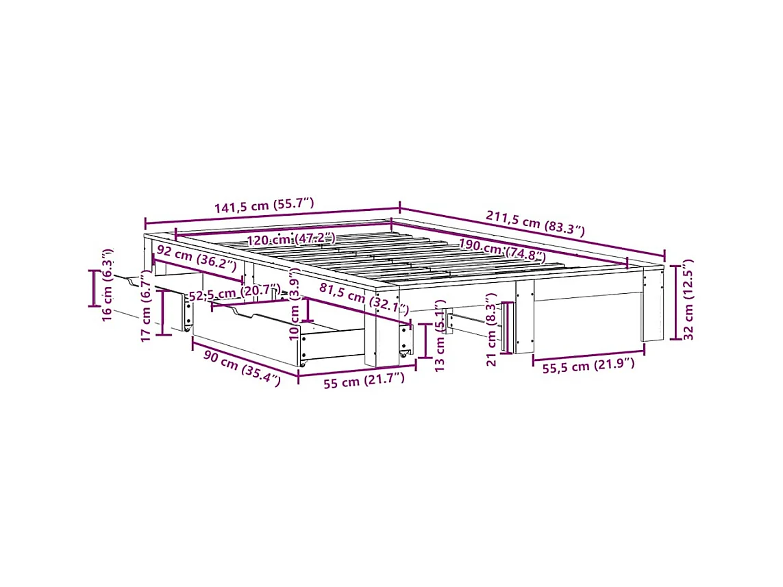 Bedframe zonder matras massief grenenhout wit 120x190 cm