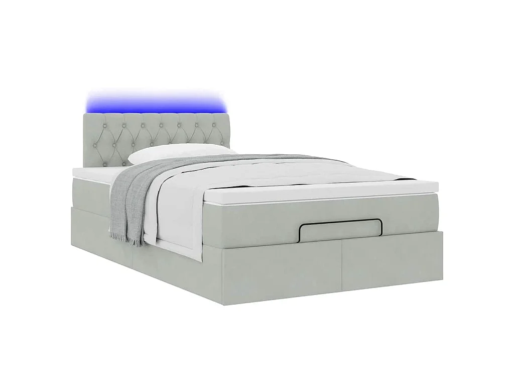 Cama otomana con colchón y LED terciopelo gris claro 120x190 cm