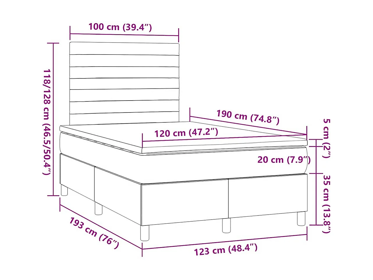 Cama box spring c/ colchão/LED 120x190cm tecido castanho-escuro