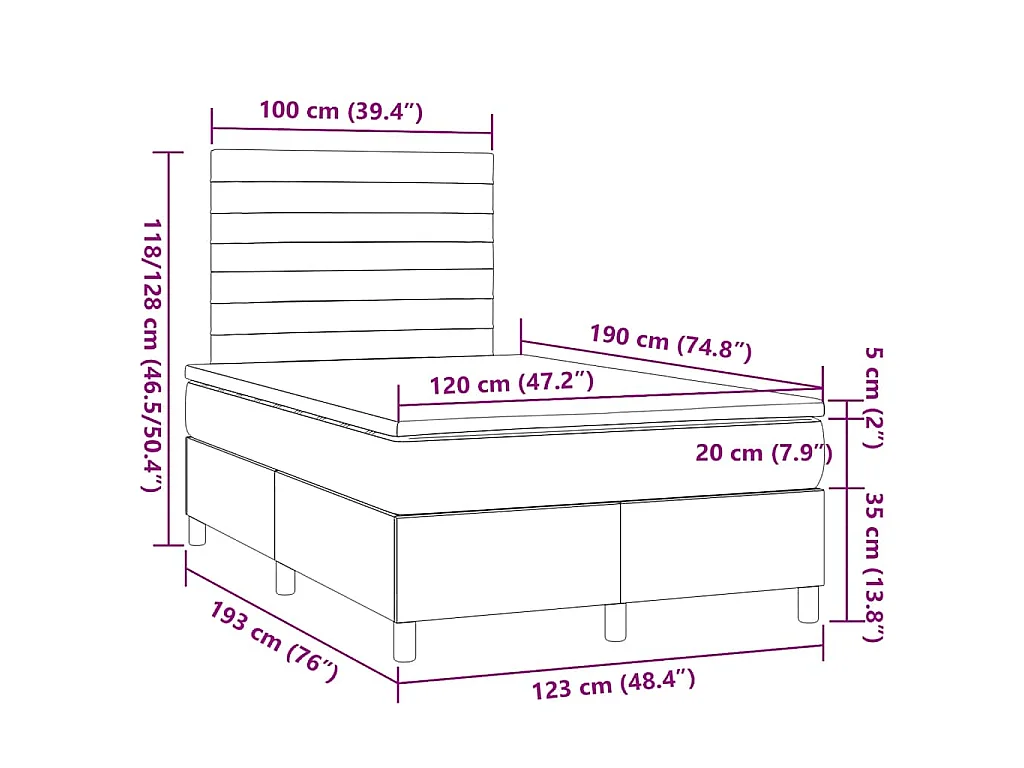 Sommier à lattes de lit matelas et LED marron foncé 120x190 cm
