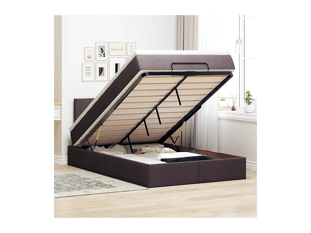 Cadre de lit ottoman avec matelas marron foncé 120x190 cm tissu