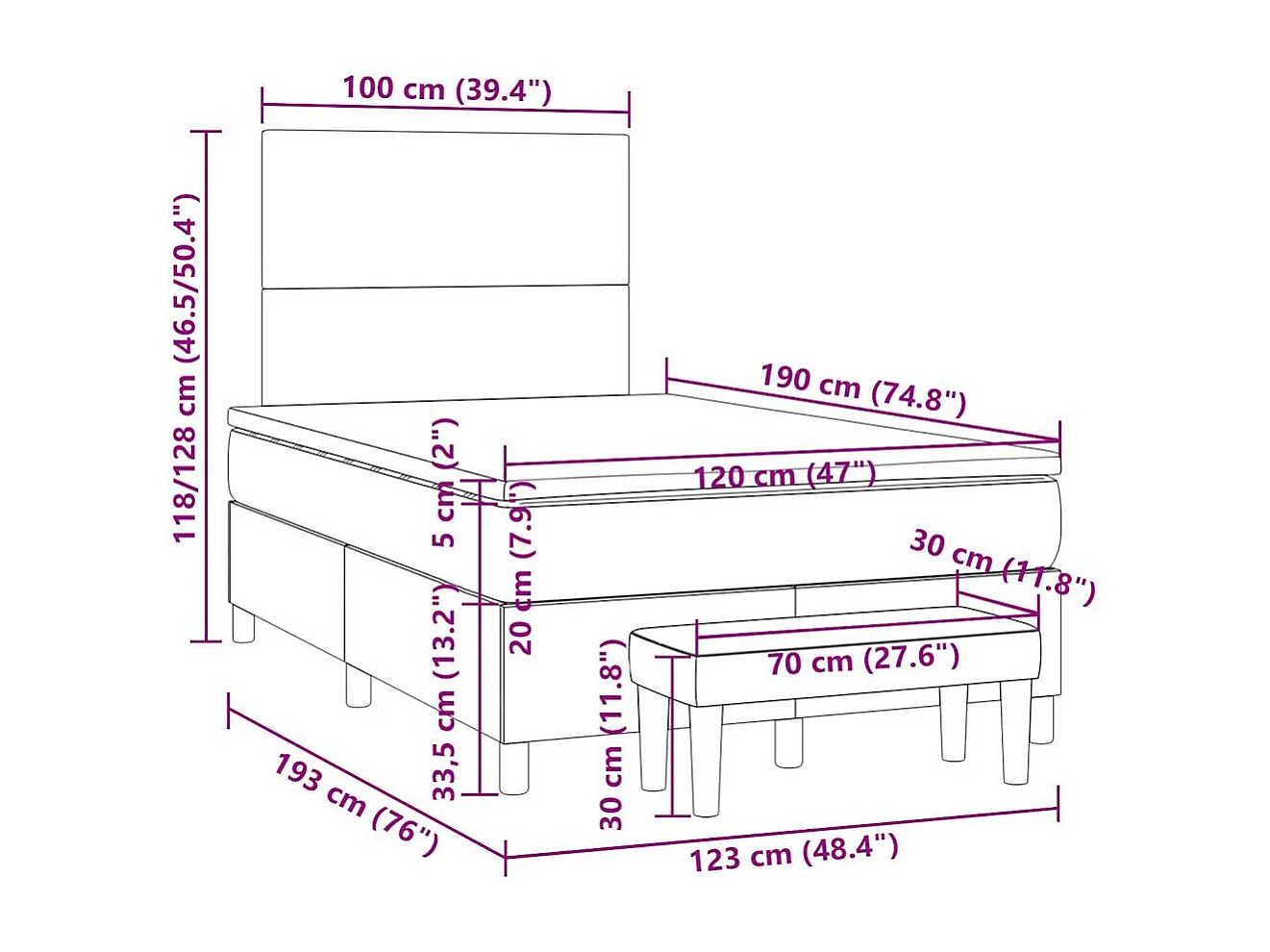 Cama boxspring c/ colchão 120x190cm tecido castanho-acinzentado