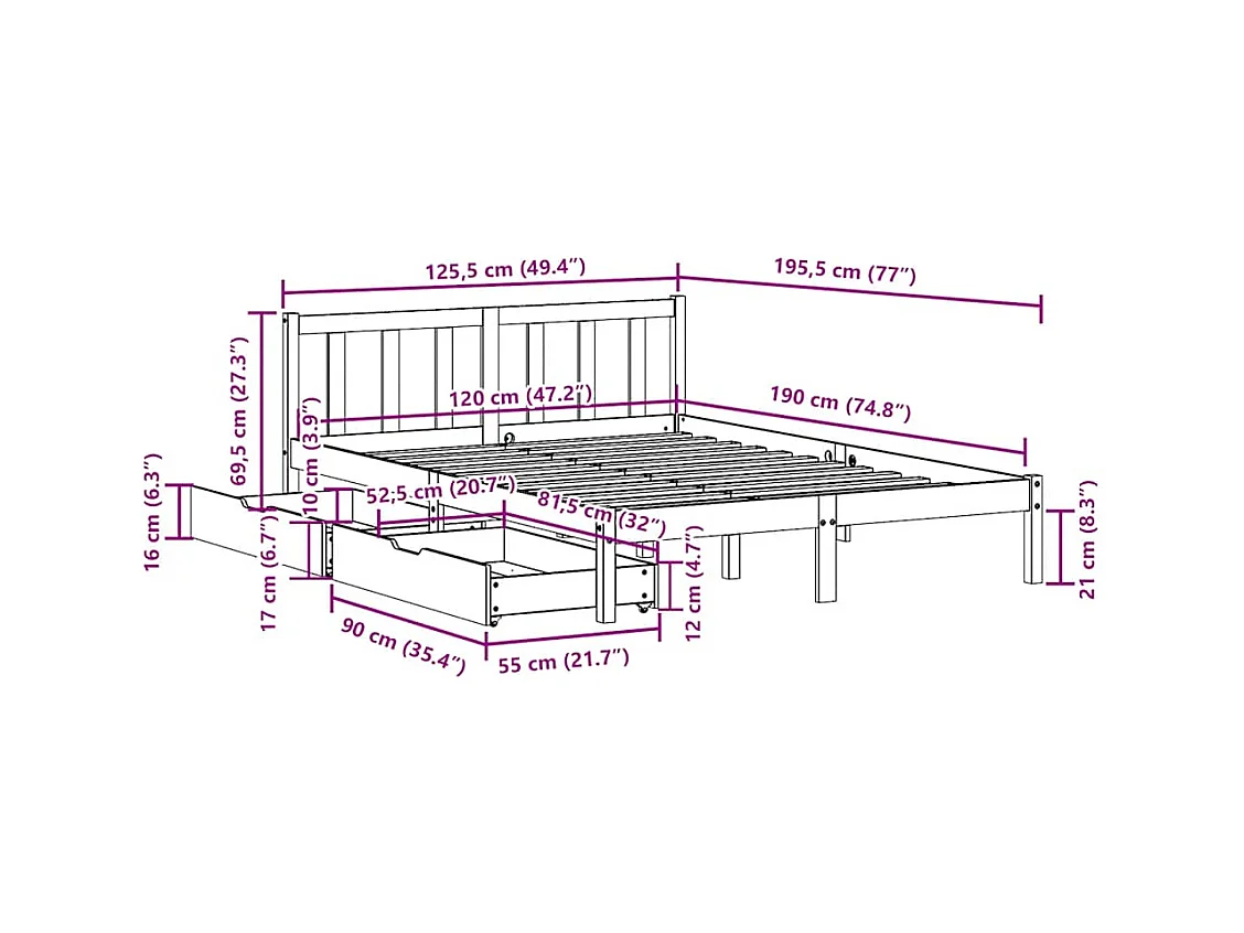 Estructura de cama sin colchón madera maciza blanca 120x190 cm