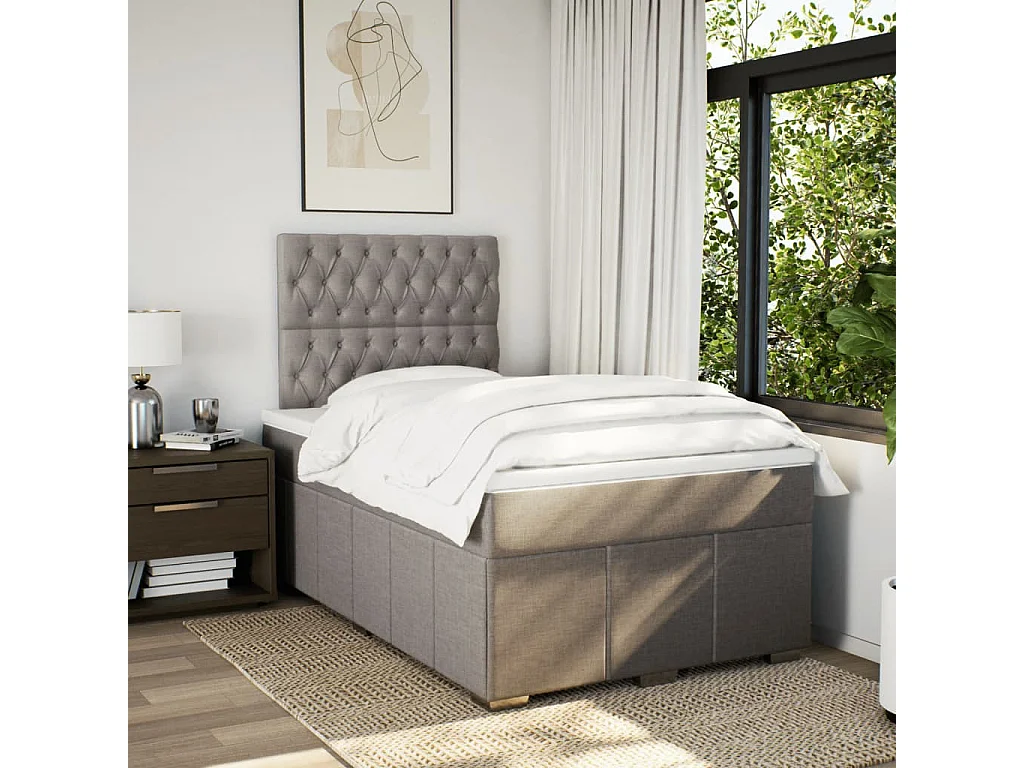 Cama box spring con colchón tela gris taupe 120x200 cm