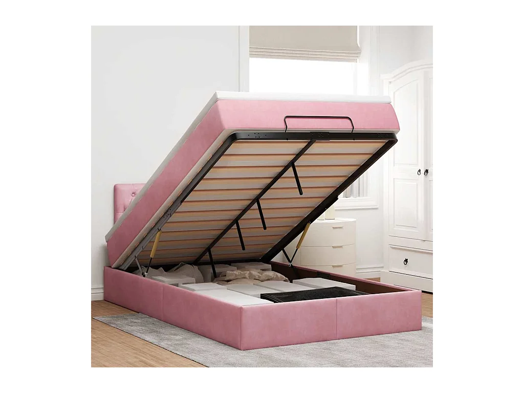 Lit ottoman avec matelas rose 120x190 cm velours