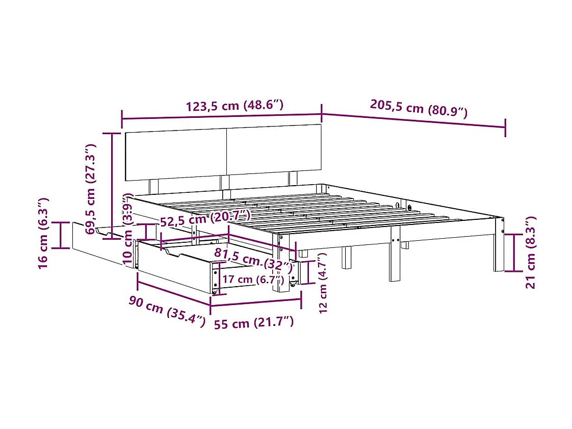 Cadre de lit avec tiroirs sans matelas 120x200 cm