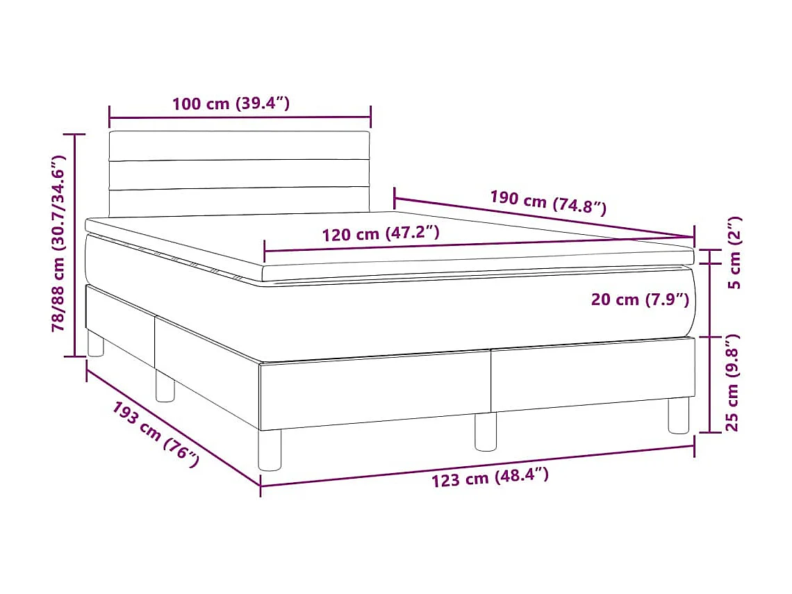 Sommier à lattes de lit et matelas LED rose 120x190 cm velours