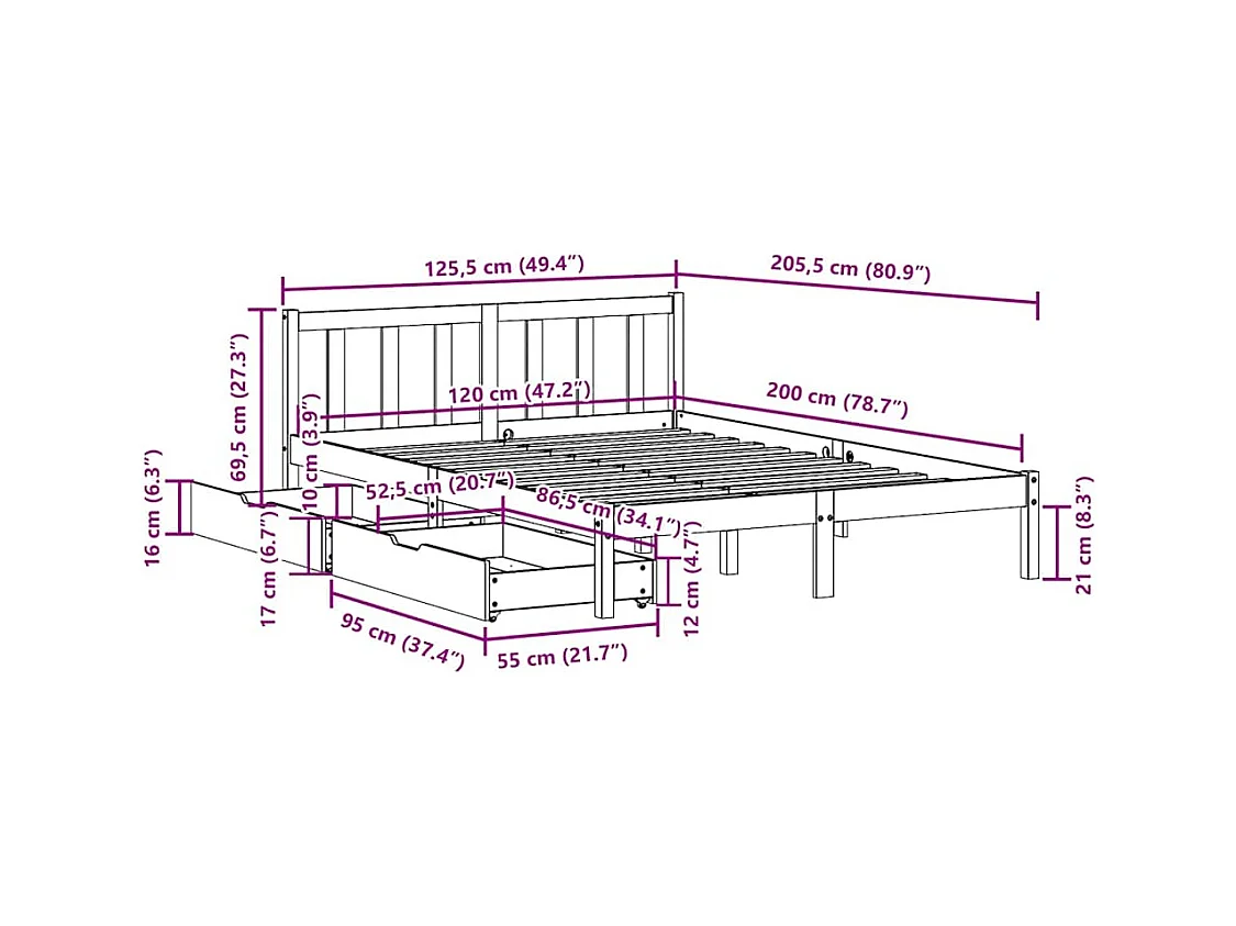 Cadre de lit sans matelas blanc 120x200 cm bois de pin massif