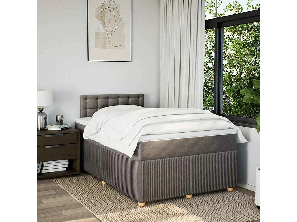Cama box spring con colchón tela gris taupe 120x190 cm