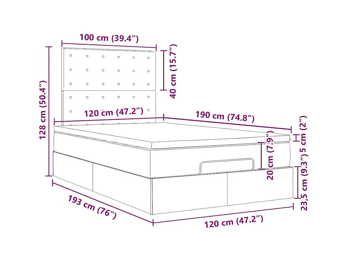 Cadre de lit ottoman avec matelas gris foncé 120x190 cm tissu