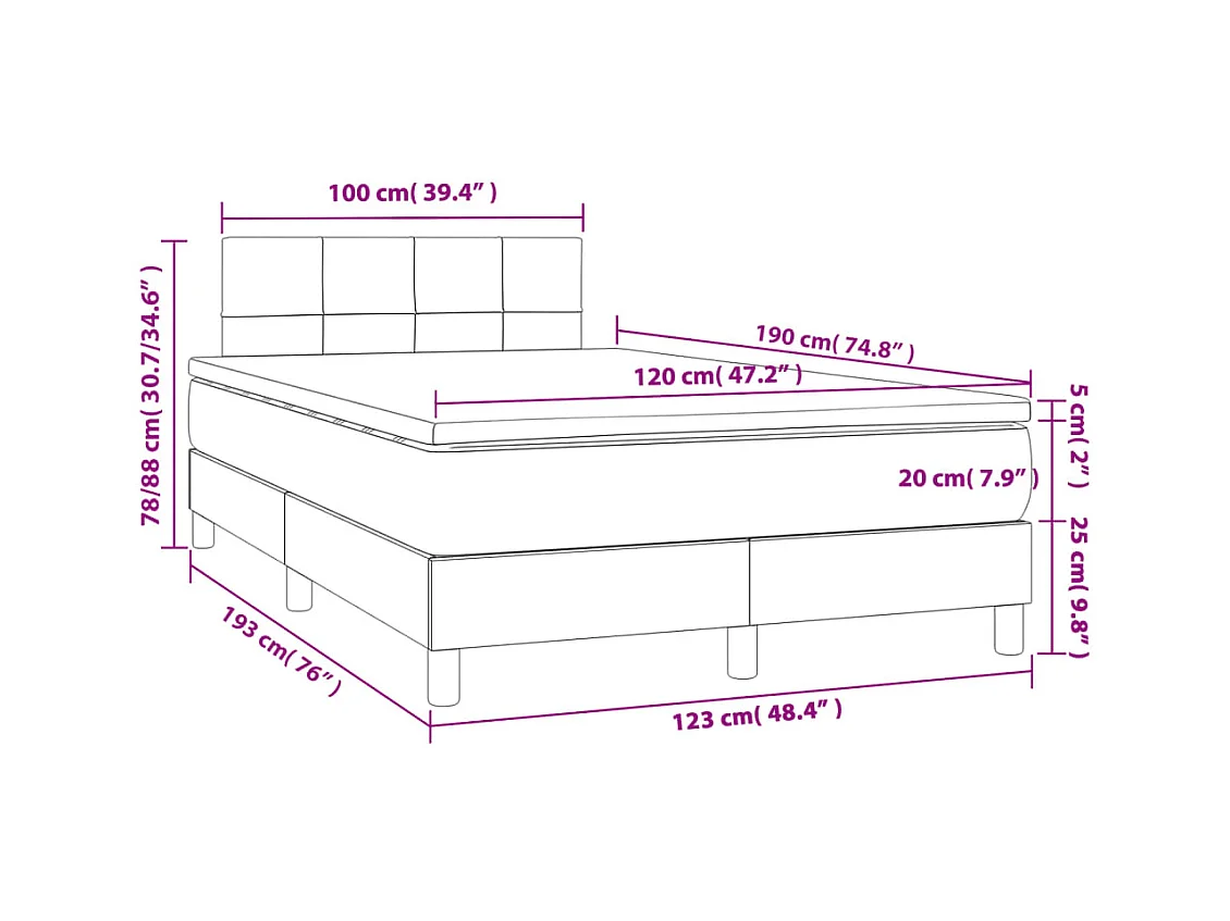 Sommier à lattes de lit matelas et LED taupe 120x190 cm tissu