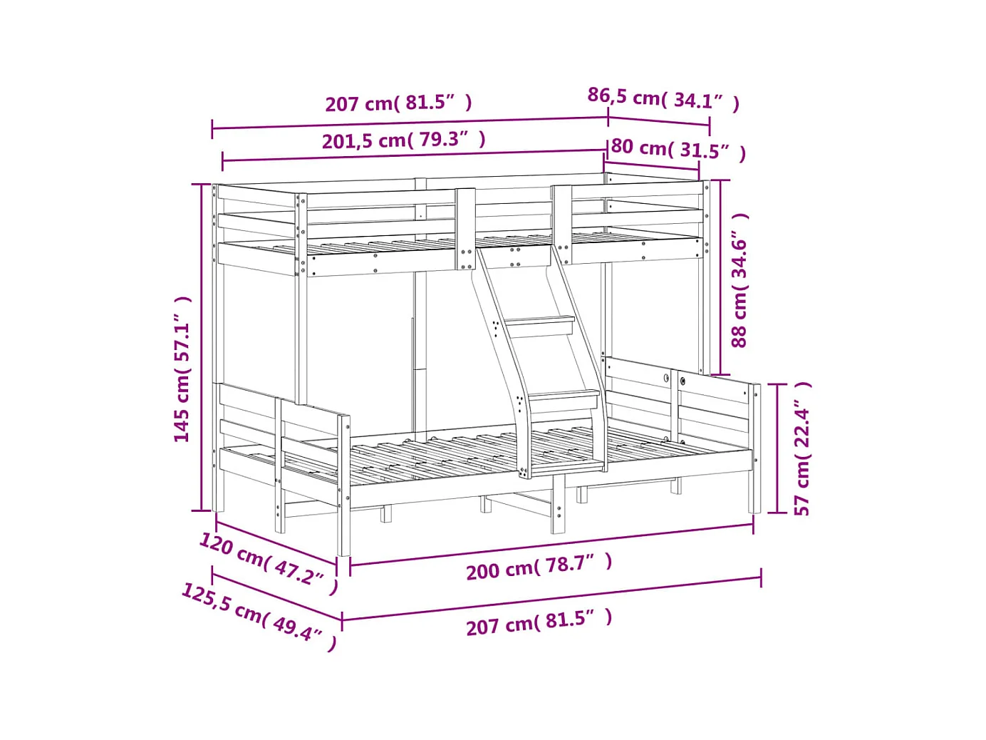 Lit superposé sans matelas 80x200/120x200 cm bois massif