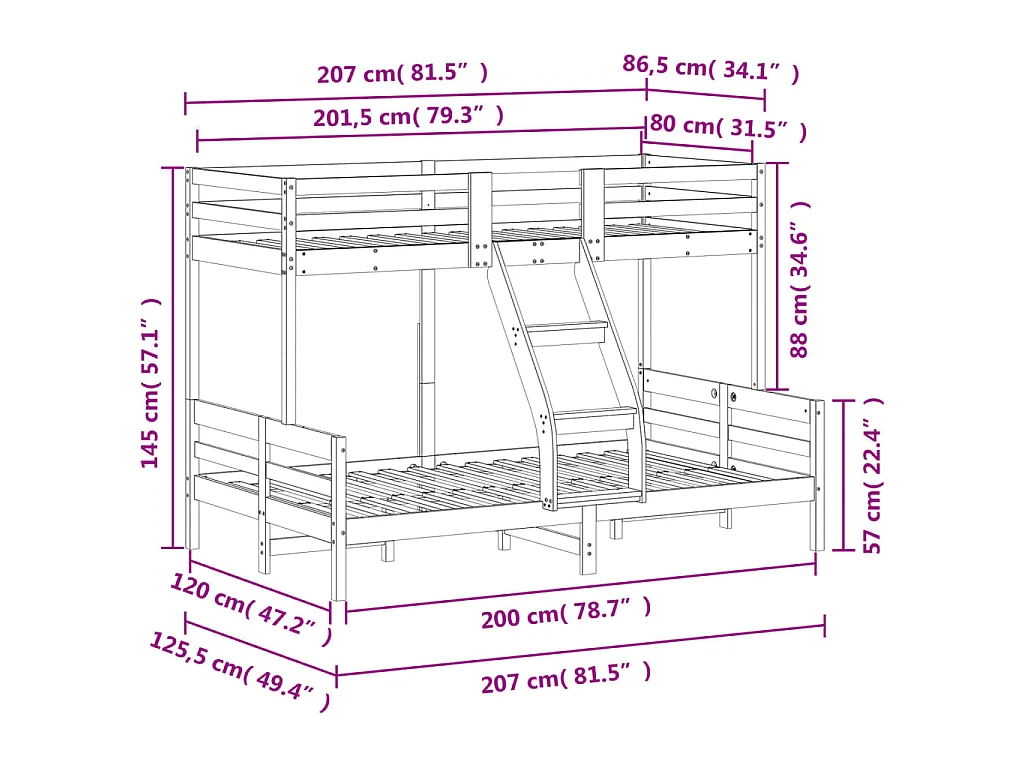 Letto a Castello 80x200/120x200 cm in Legno Massello di Pino