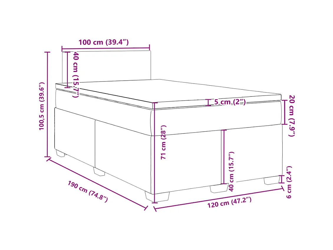 Cama boxspring com colchão 120x190 cm tecido azul