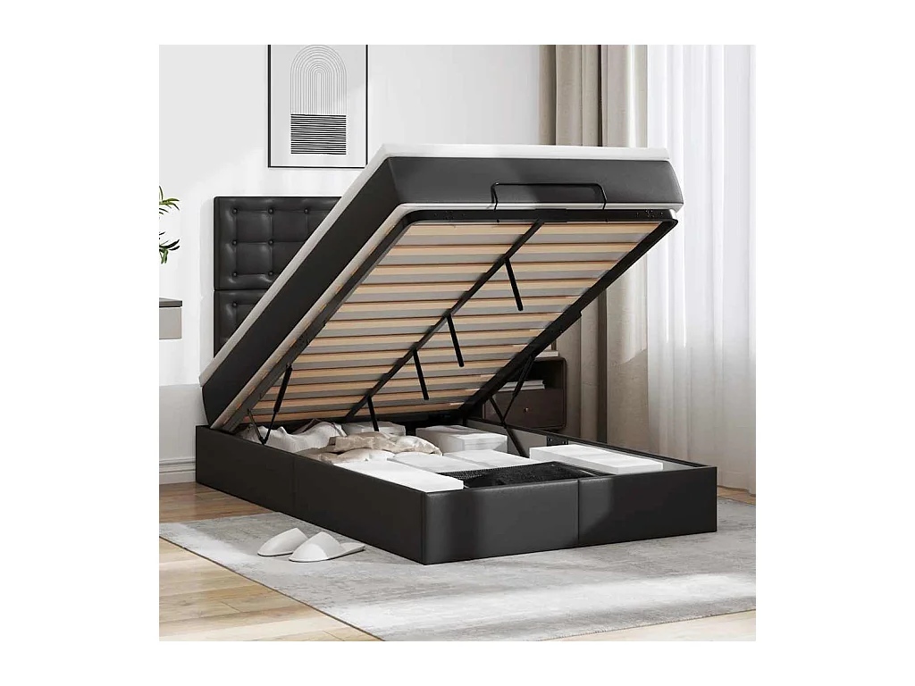 Ottoman-Bett mit Matratze & LEDs Schwarz 120x190 cm Kunstleder