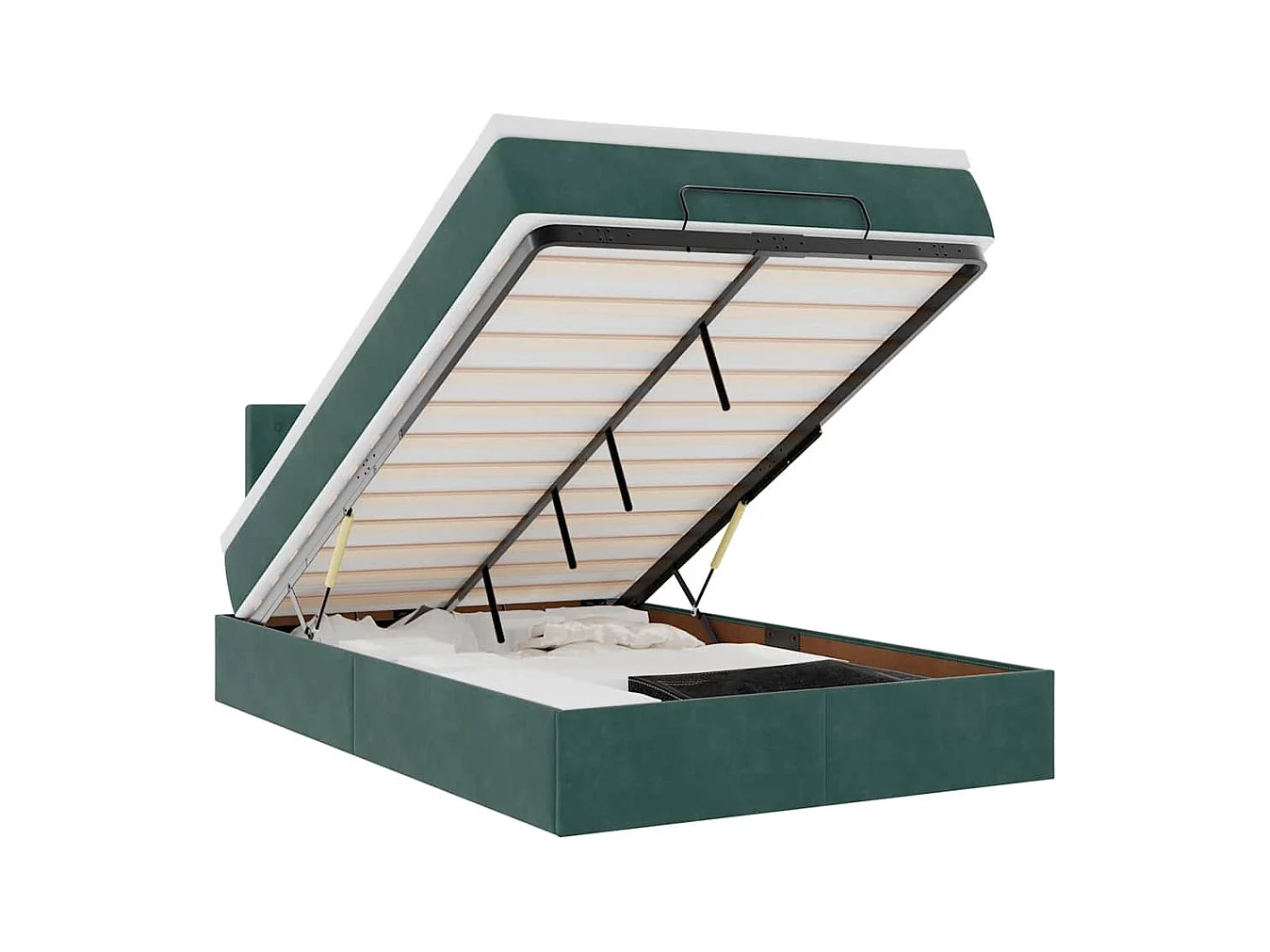 Estructura cama otomana colchón terciopelo verde oscuro