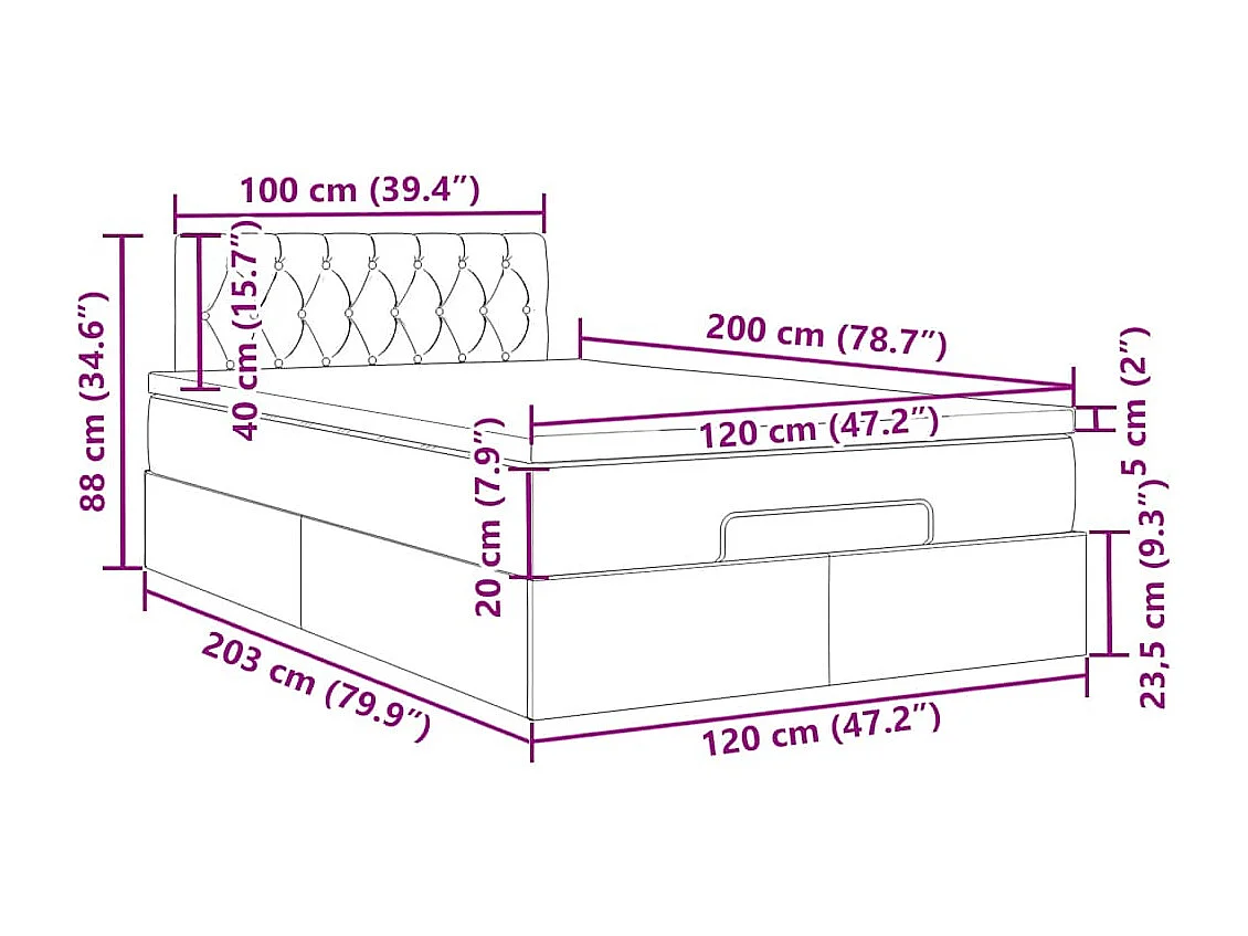 Cadre de lit ottoman avec matelas bleu foncé 120x200 cm velours