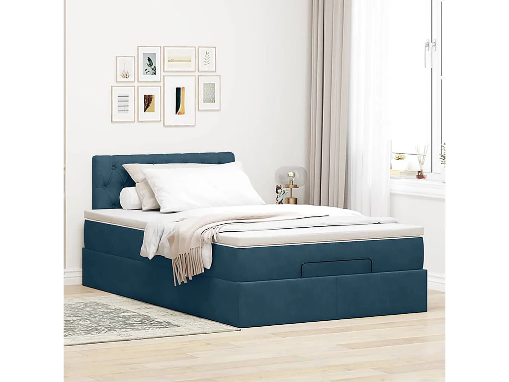 Cadre de lit ottoman avec matelas bleu foncé 120x200 cm velours