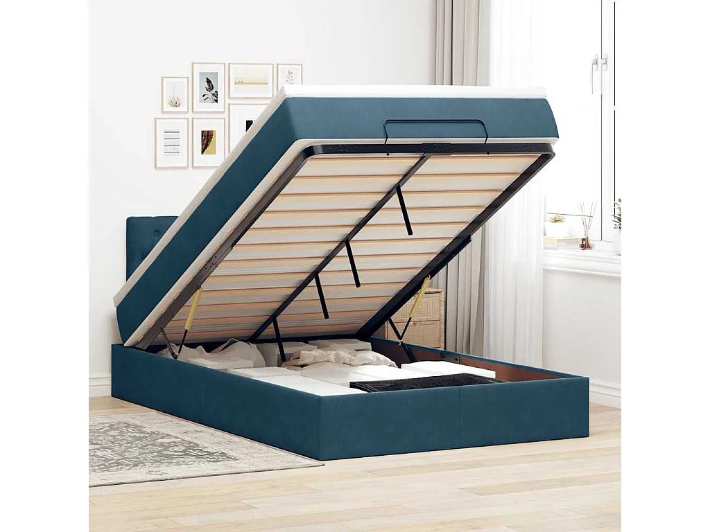 Cadre de lit ottoman avec matelas bleu foncé 120x200 cm velours