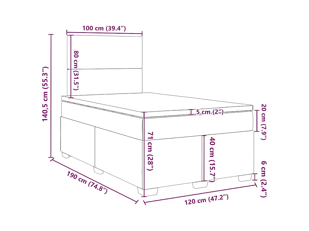 Cama boxspring com colchão 120x190 cm veludo azul