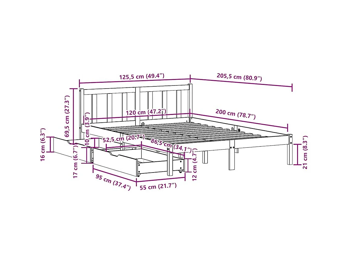 Cadre de lit sans matelas 120x200 cm bois de pin massif
