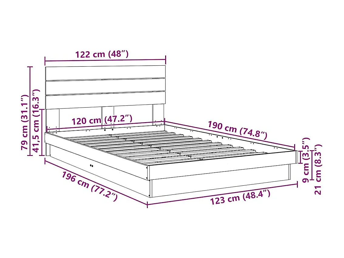 Bedframe hoofdeinde zonder matras 120x190 cm massief hout eiken