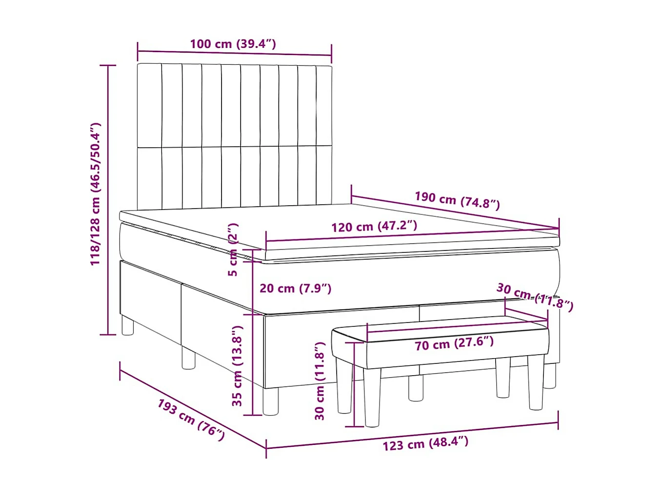 Cama boxspring c/ colchão 120x190cm tecido castanho-acinzentado